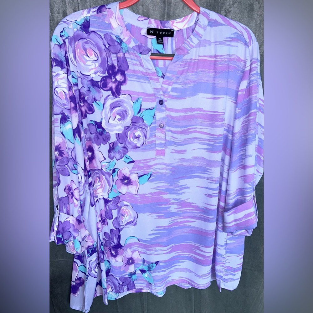 N TOUCH XL blouse. Sheer Chiffon Purple Floral Top Blouse Shirt Tunic
